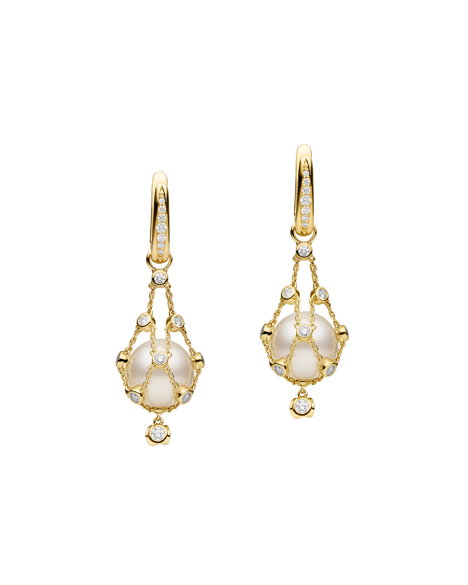 Diamond Lavalier Pearl Earrings | 12mm Round Pearls, Diamonds, and Yellow Gold