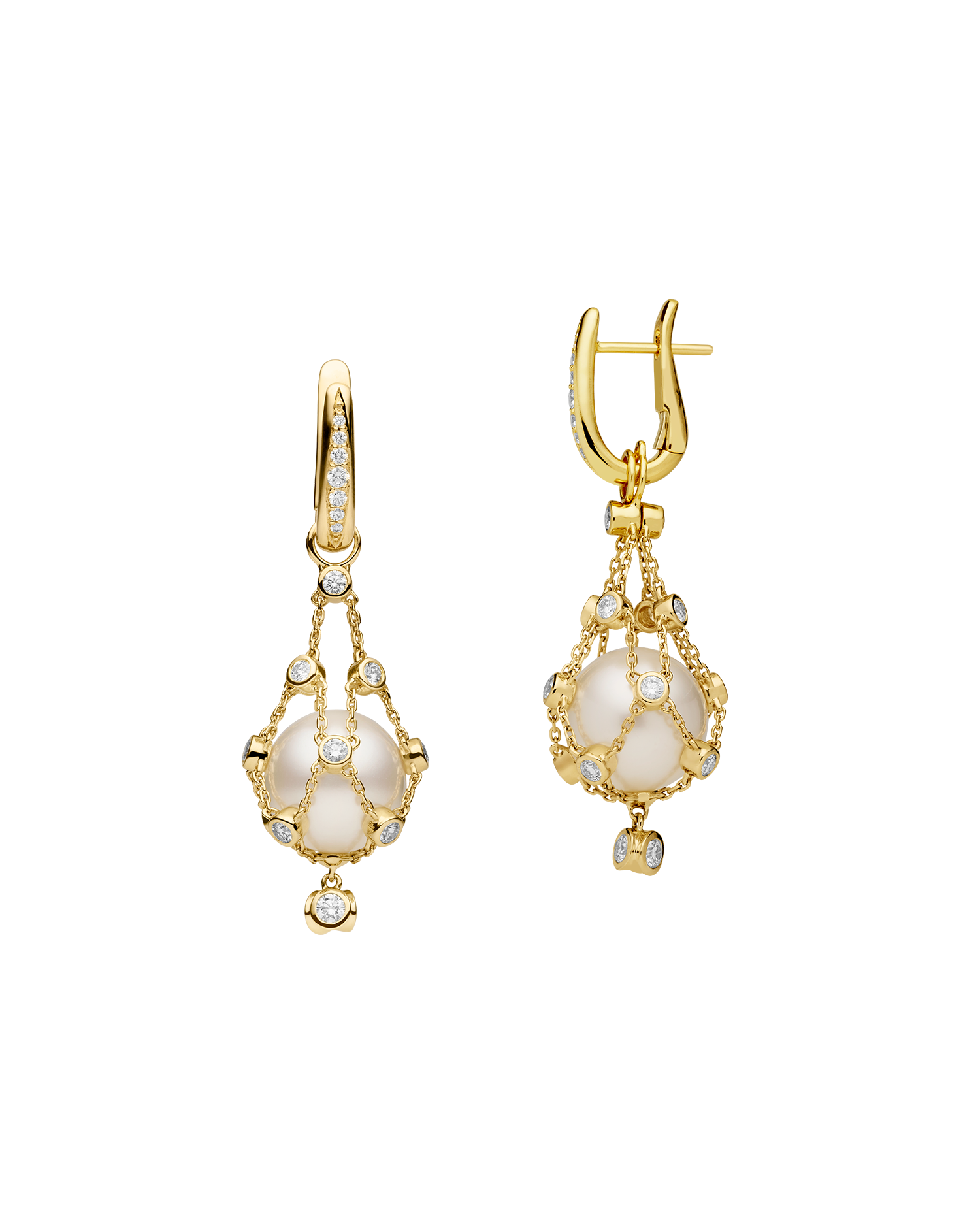 Diamond Lavalier Pearl Earrings | 12mm Round Pearls, Diamonds, and Yellow Gold