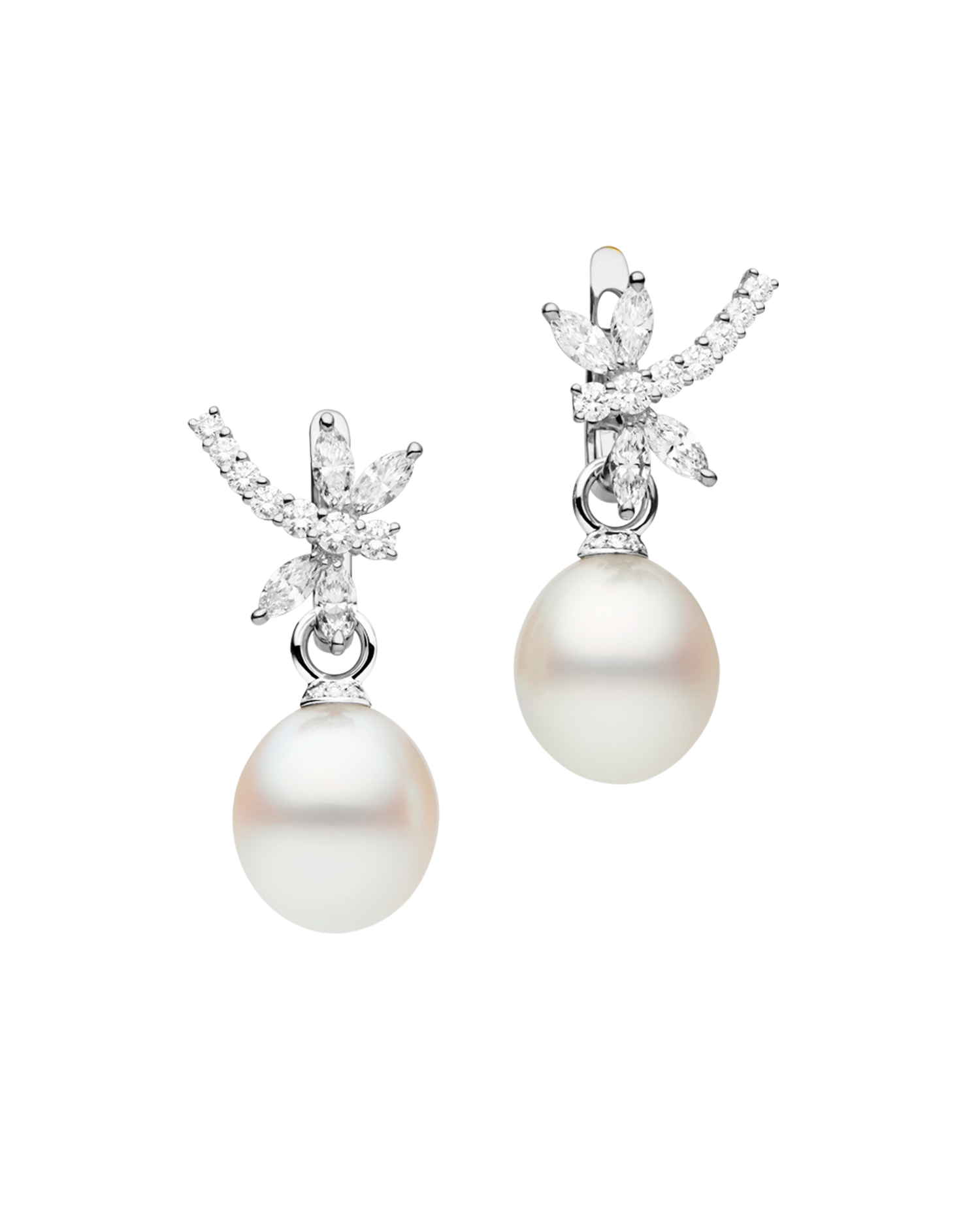 Diamond Dragonfly Pearls My Way Earrings | 12mm Oval Pearls, Diamond and White Gold