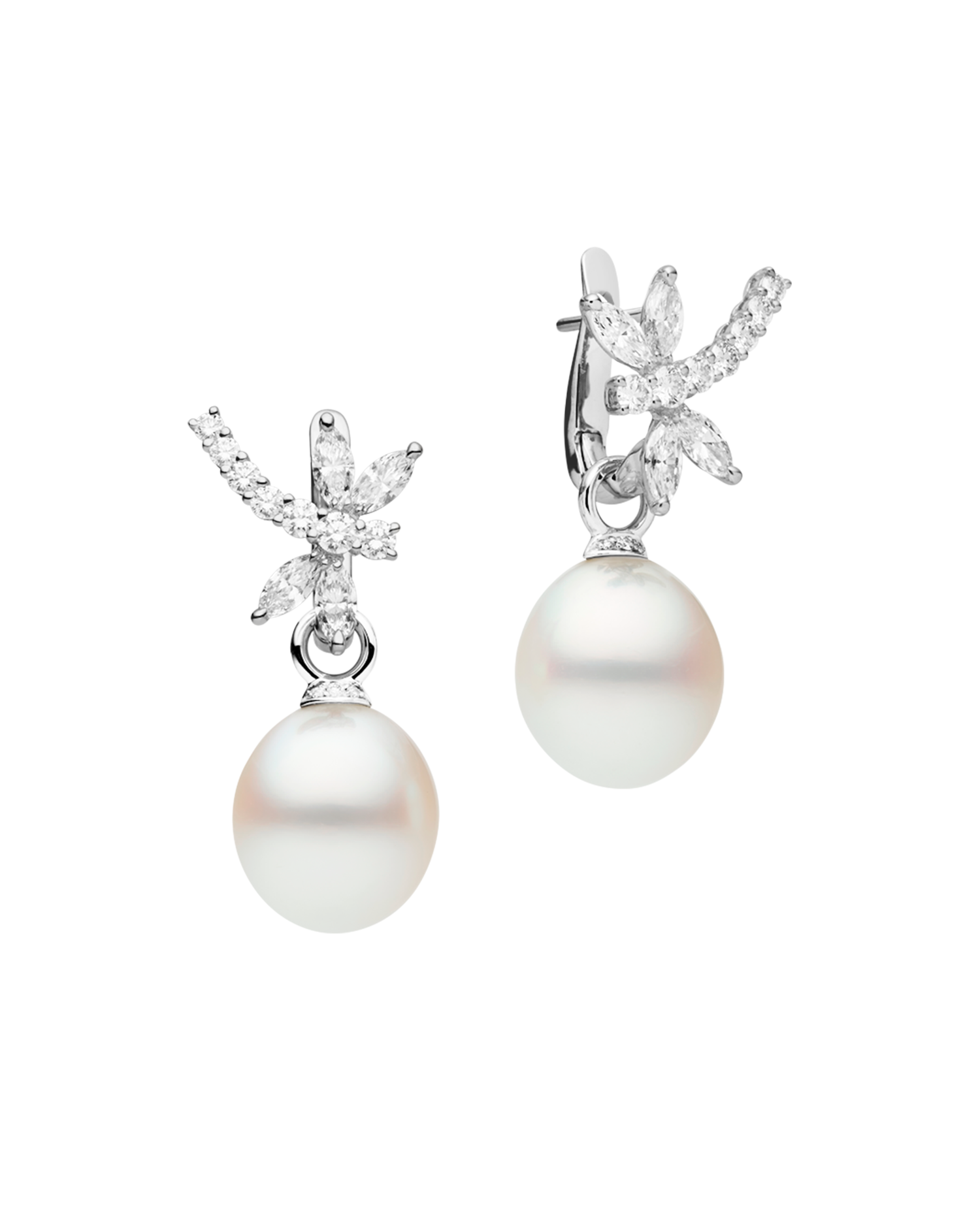 Diamond Dragonfly Pearls My Way Earrings | 12mm Oval Pearls, Diamond and White Gold