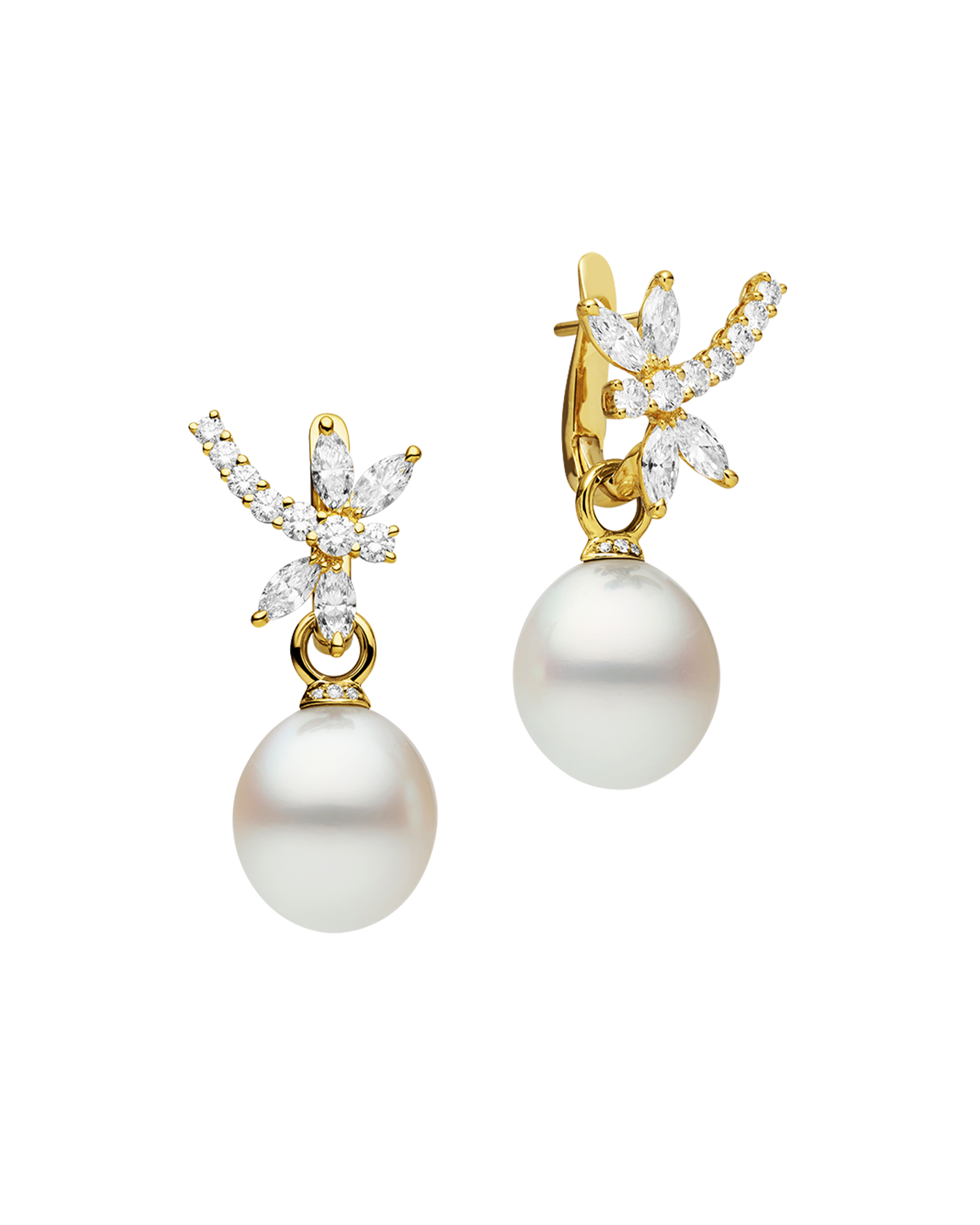 Diamond Dragonfly Pearls My Way Earrings | 12mm Oval Pearls, Diamond and Yellow Gold
