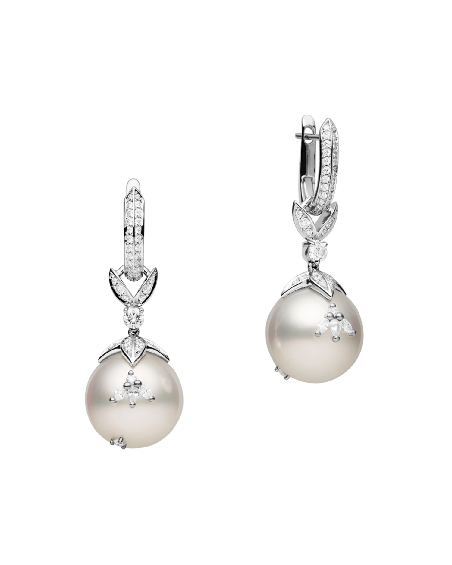 Full Moon Pearl Earrings | 14mm Round Pearls, Diamonds, and White Gold