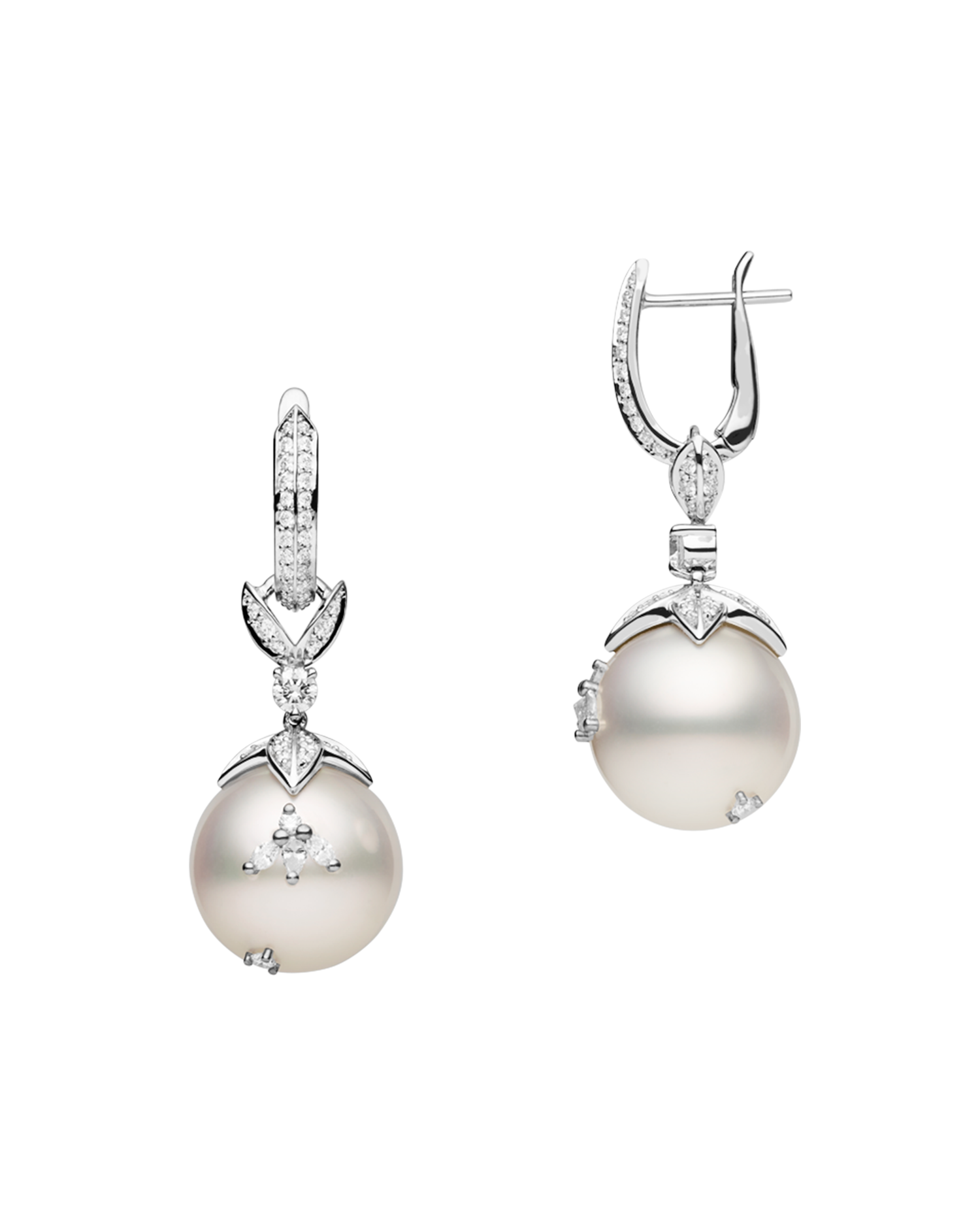 Full Moon Pearl Earrings | 14mm Round Pearls, Diamonds, and White Gold