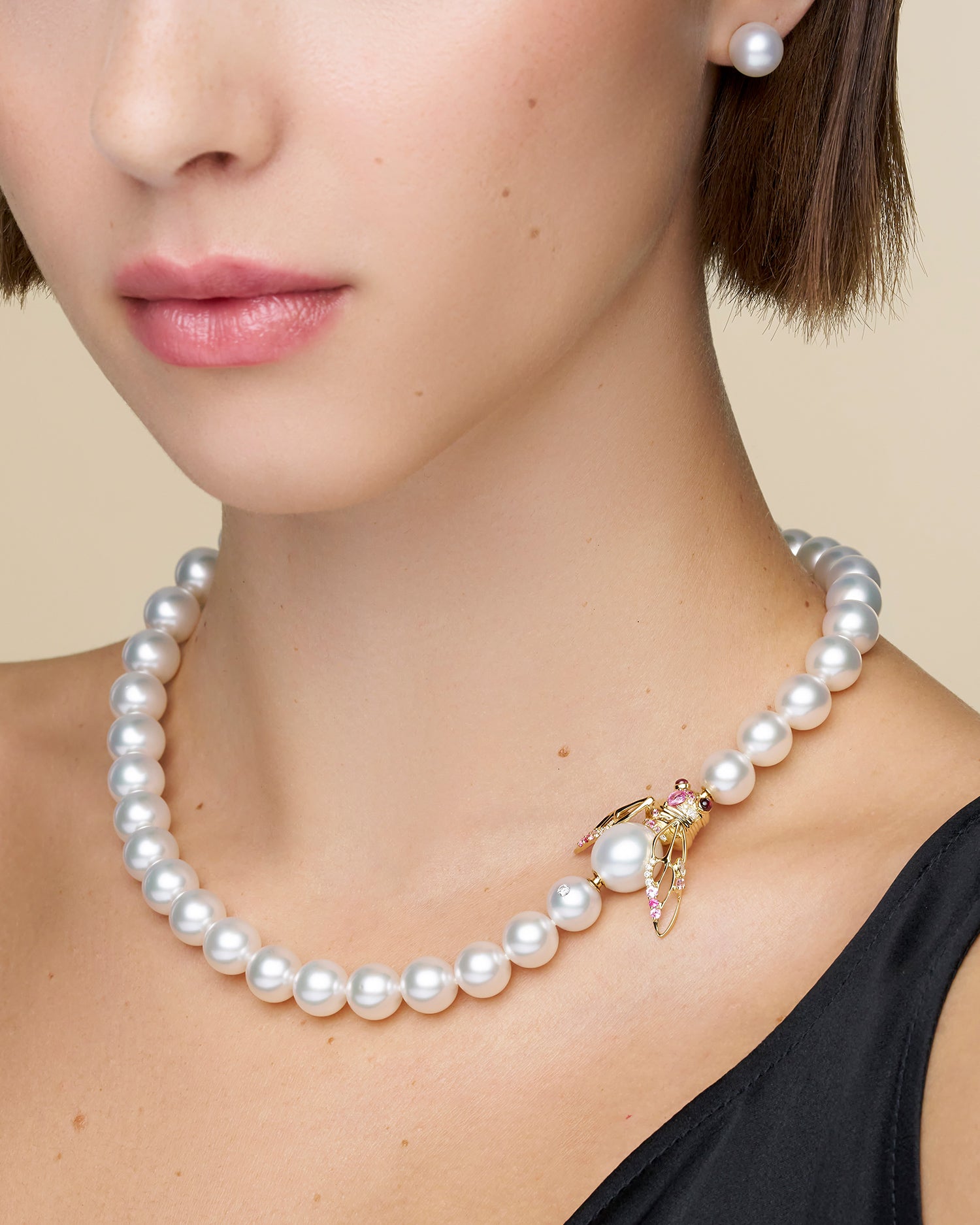 Blushing Cicada Pearl Clasp | 12mm Drop Pearl, Pink Sapphire, and Yellow Gold