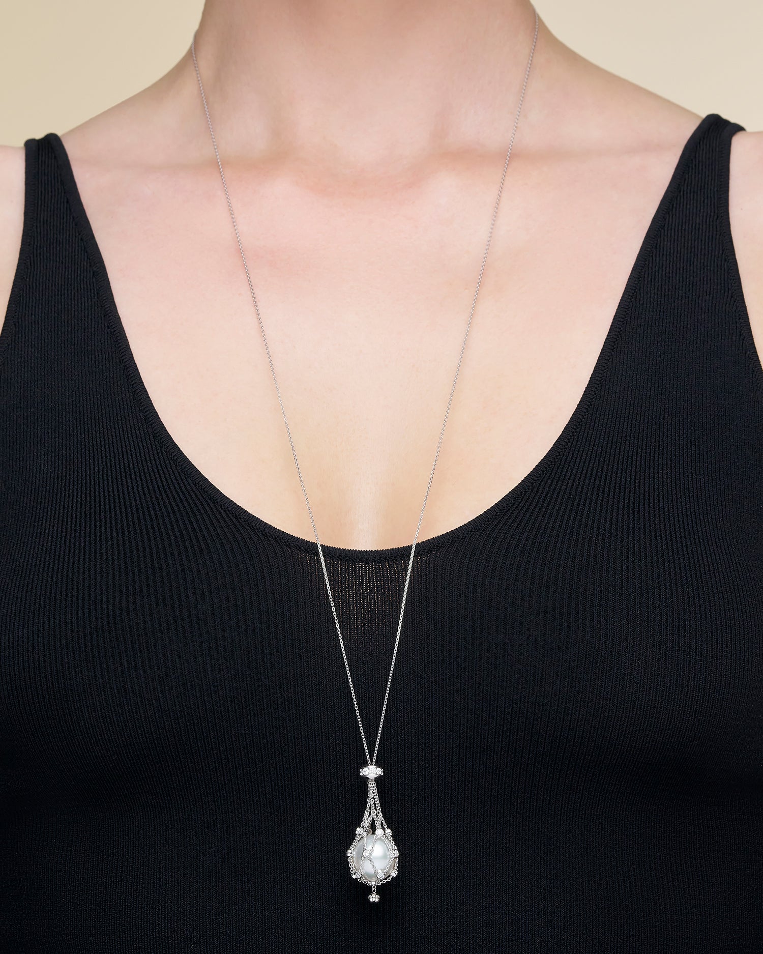 Diamond Lavalier Pearl Necklace | 14mm Circle Pearl, Diamonds, and White Gold