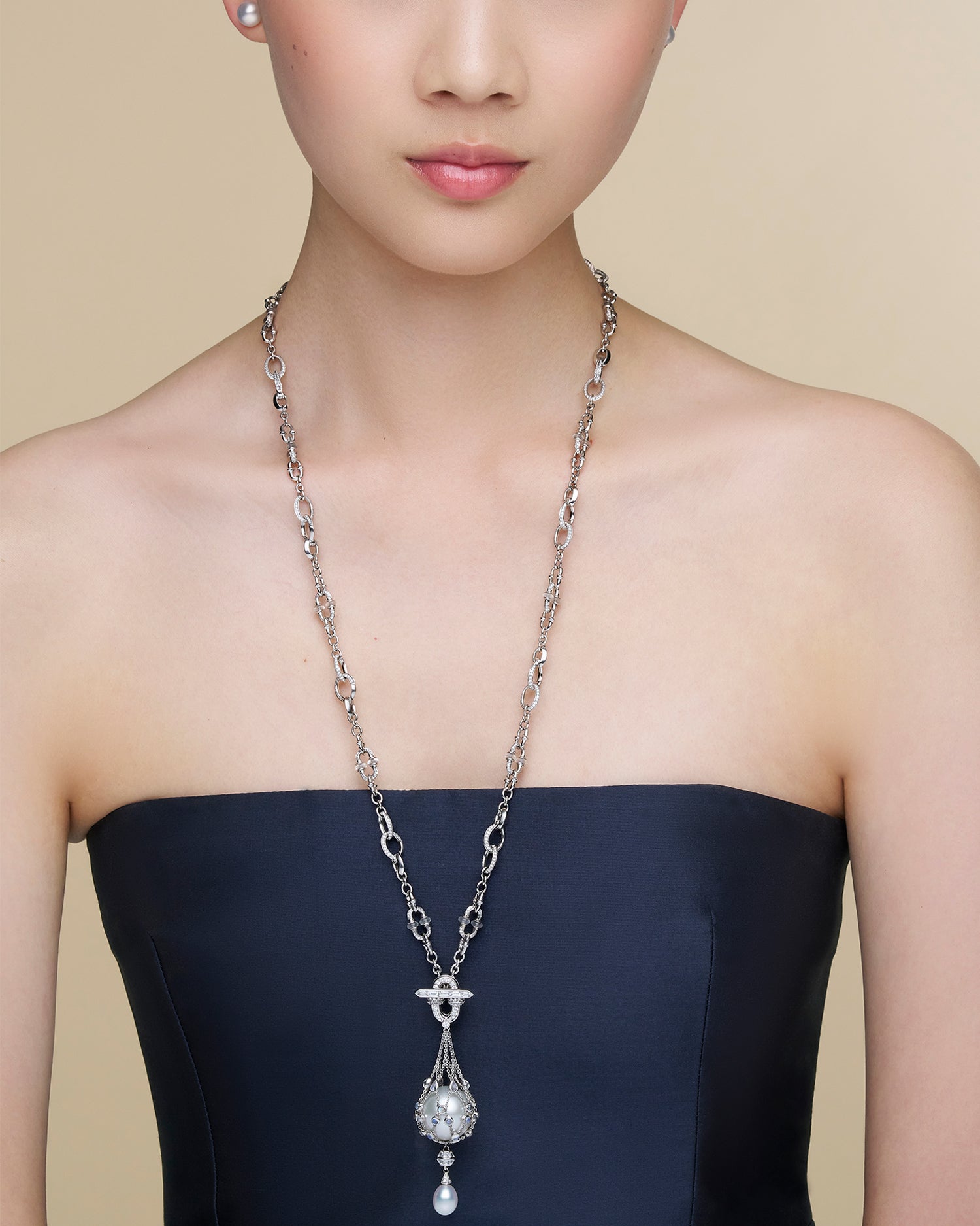 Moonstone Anchored Lavalier Pearl Necklace | 18mm Round Pearl, Moonstone, and White Gold