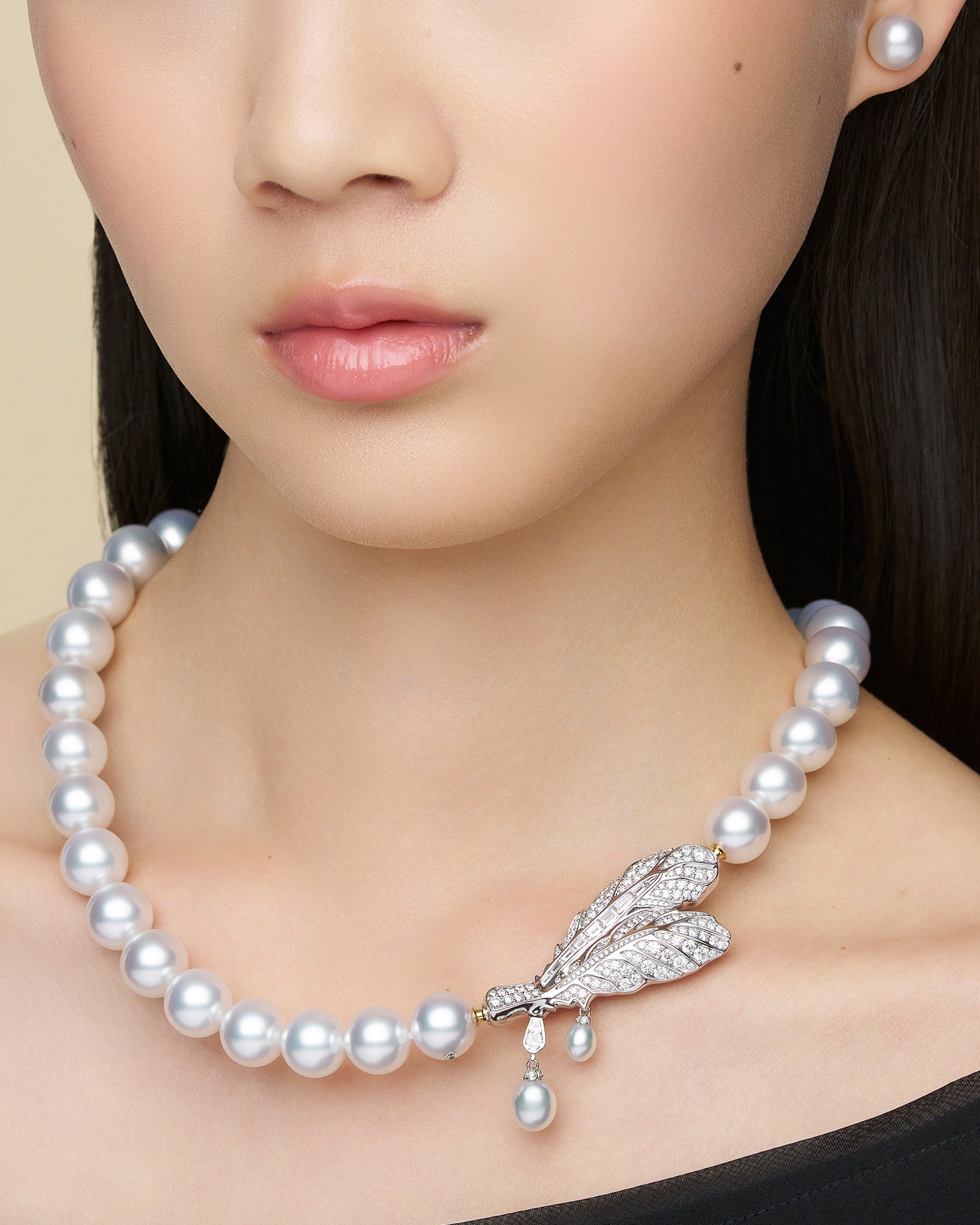 Night Bird Feather Pearl Brooch Clasp | 5-7mm Keshi Pearls, Diamonds, and White Gold