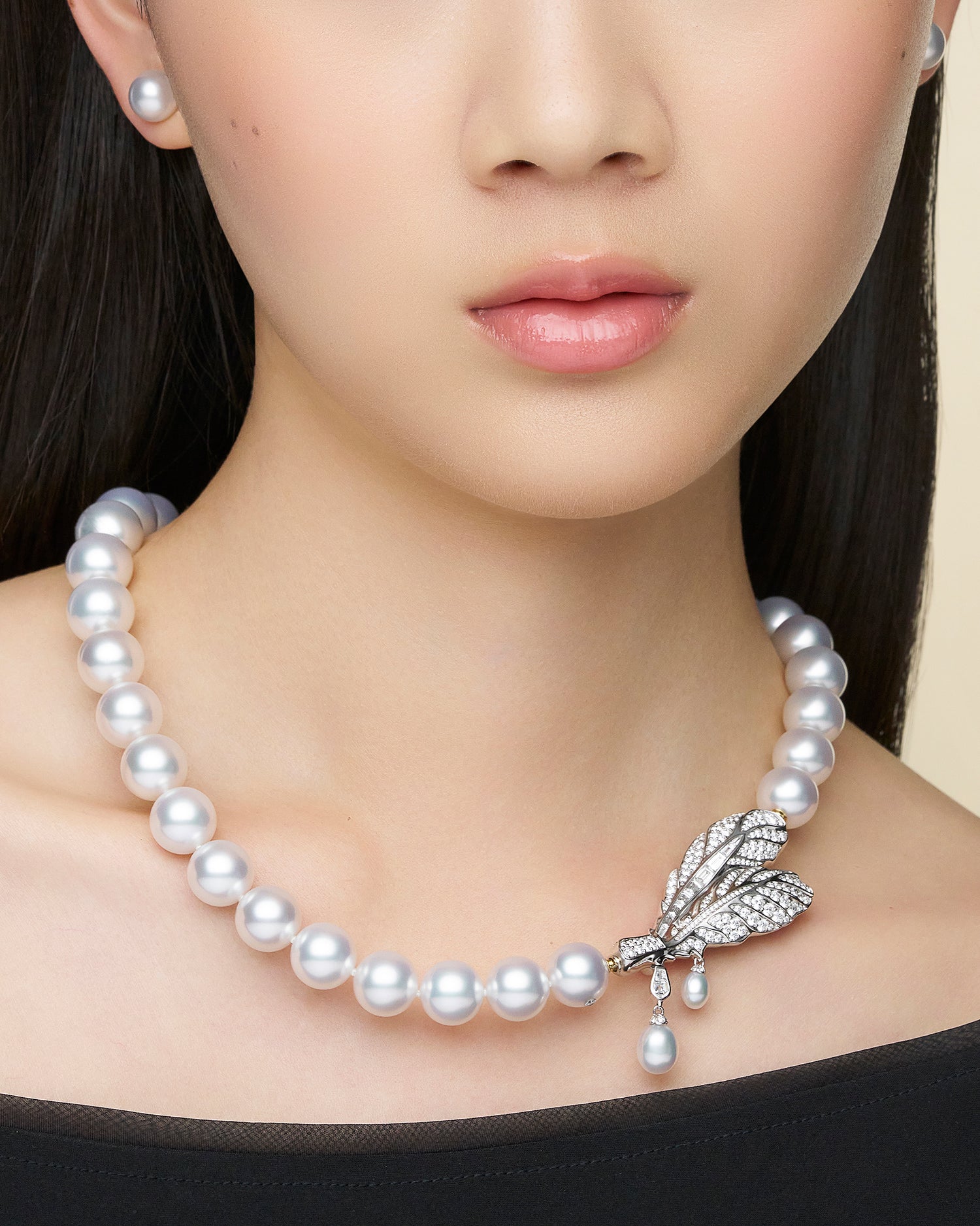 Night Bird Feather Pearl Brooch Clasp | 5-7mm Keshi Pearls, Diamonds, and White Gold