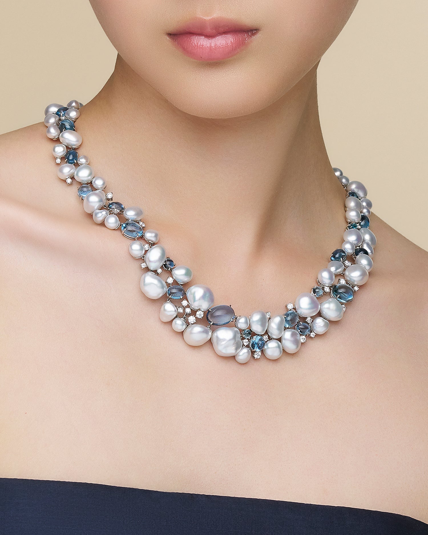 Rockpool Pebble Pearl Collier | 4-9mm Keshi Pearls, Aquamarines, and Platinum