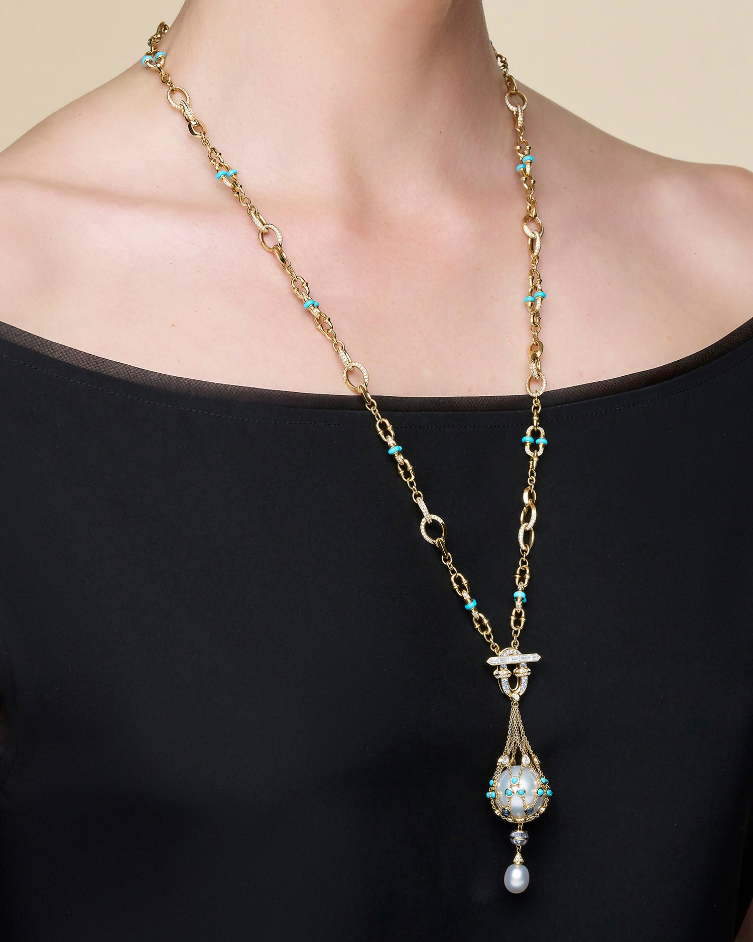 Turquoise Anchored Lavalier Pearl Necklace | 18mm Round Pearl, Blue Sapphire, and Yellow Gold