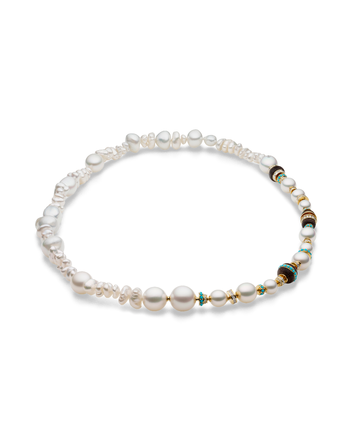 Wild Pearl Strand Lugger Wood Necklace | 5-15mm Pearls, Turquoise, and Yellow Gold