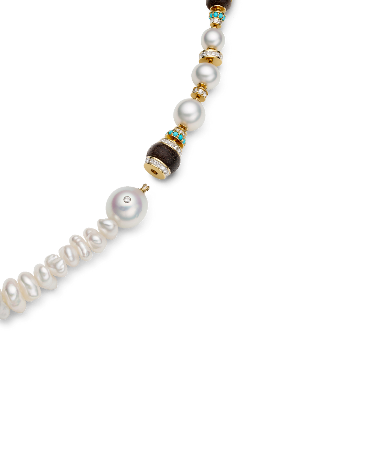 Wild Pearl Strand Lugger Wood Necklace | 5-15mm Pearls, Turquoise, and Yellow Gold