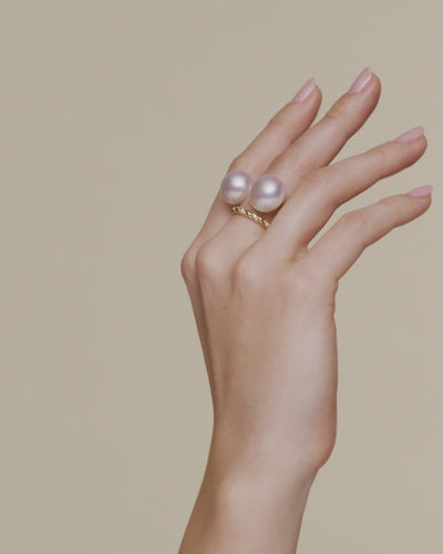 Paspaley Diamond Entwined Rope Double Pearl Ring with 13 17mm Button Pearls Yellow Gold On Body DD21R42Y01