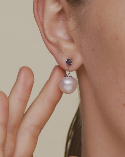 Paspaley Blue Sapphire Touchstone Pearl Drop Earring On Body V14E08WPT12