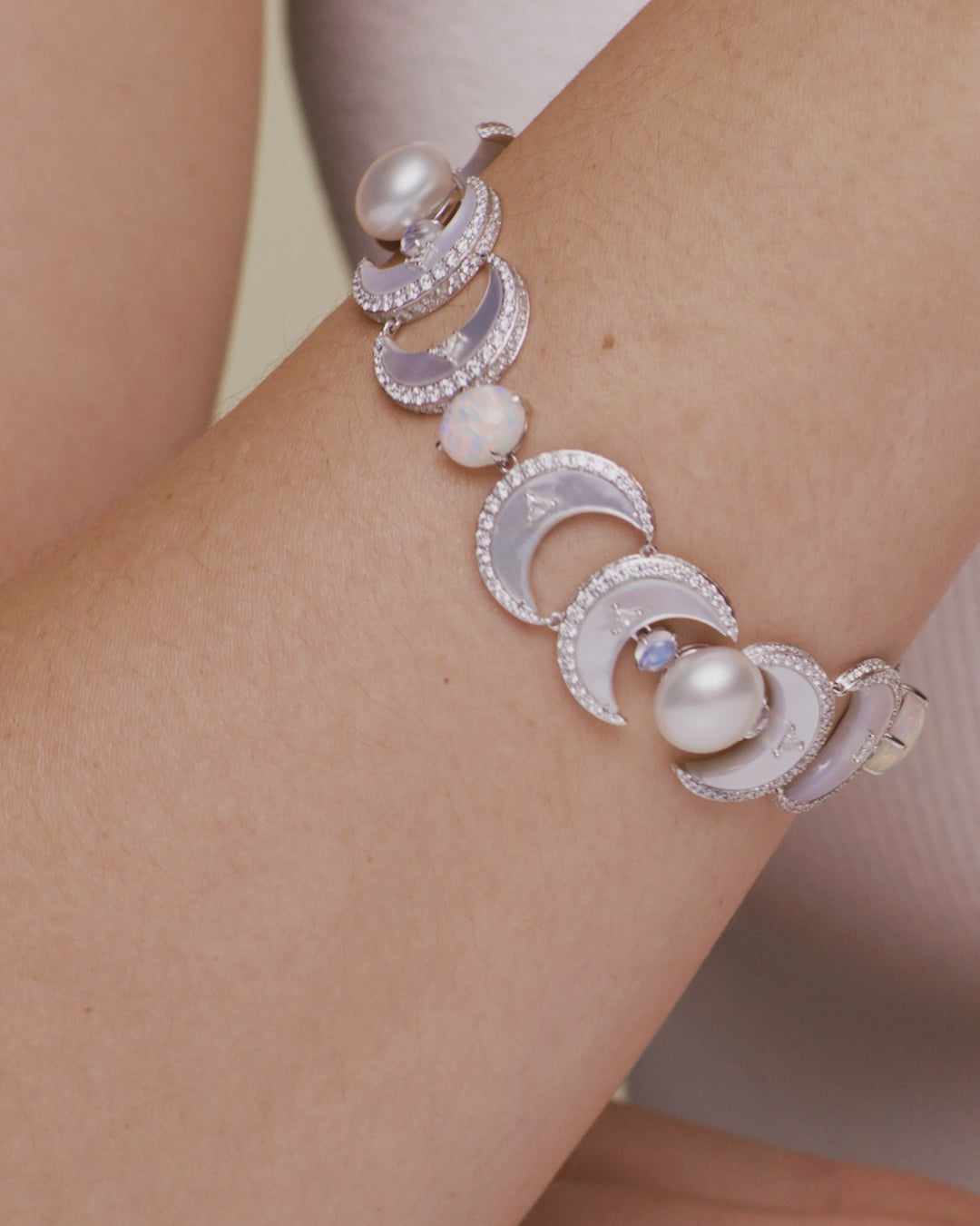 Crescent Moon Pearl Bracelet | 9mm Keshi Pearls, White Opals, and Whit