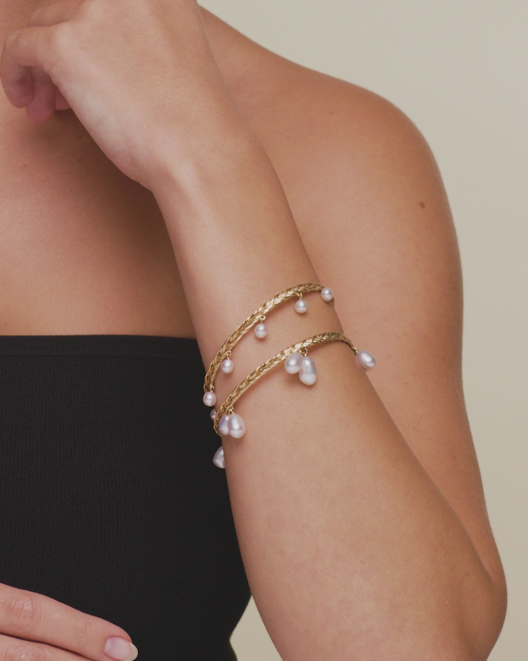 Paspaley Pandanus Keshi Pearl Tassel and Rain Bangles Yellow Gold On Body DE22B41YKQ DE22B40YKQ