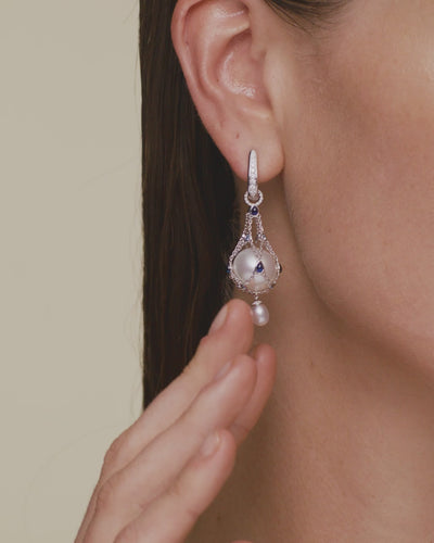 Paspaley Blue Sapphire Lavalier Pearl Earrings On Body DH20E24WPR12 SKU H20E24WKQ05 H18Q02PR12