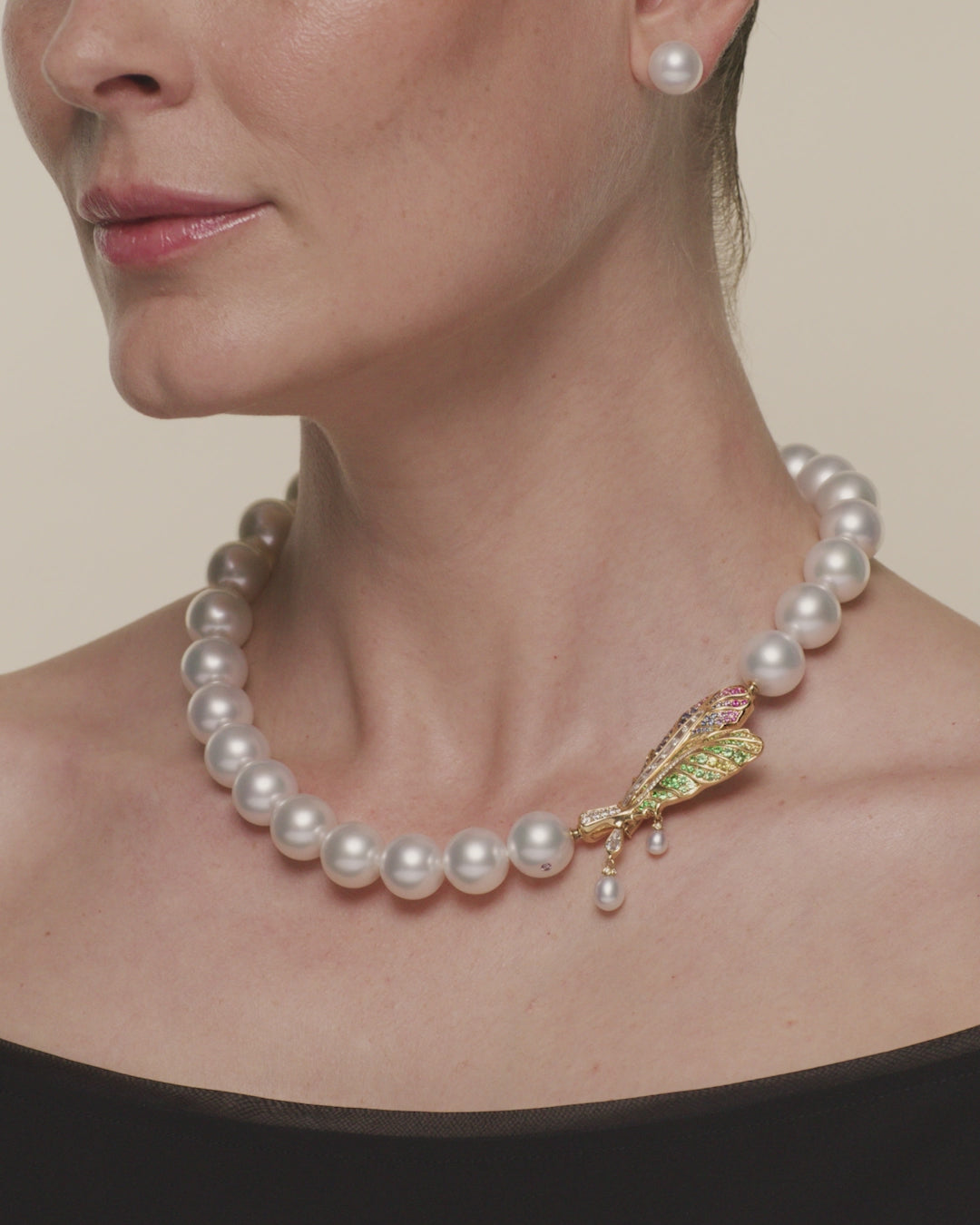 Paspaley Song Bird Feather Pearl Brooch Clasp with 5–7mm Keshi Pearls, Gemstones & Yellow Gold E22A20Y