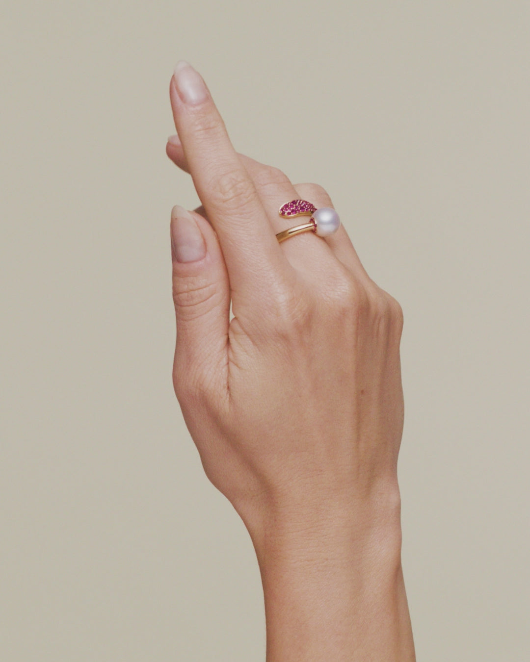 Ruby Touchstone Pearl Ring | 9mm Oval Pearl, Rubies, and Yellow Gold